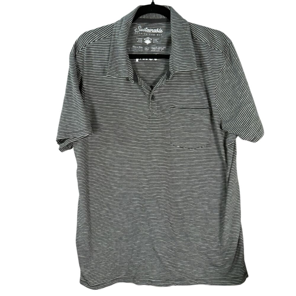 Pact Organic Cotton Grey White Stripe Polo Shirt Men's Size XL A5847